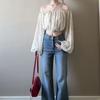 French sweet and spicy one-word shoulder bubble sleeve shirt women's summer new design off-the-shoulder short top polka dot shirt