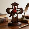 Red Bird Crucifix Figurine Handcrafted Resin Tabletop Ornament with Crimson Color And Olive Branch Design Religious Christian Gifts for Women Men