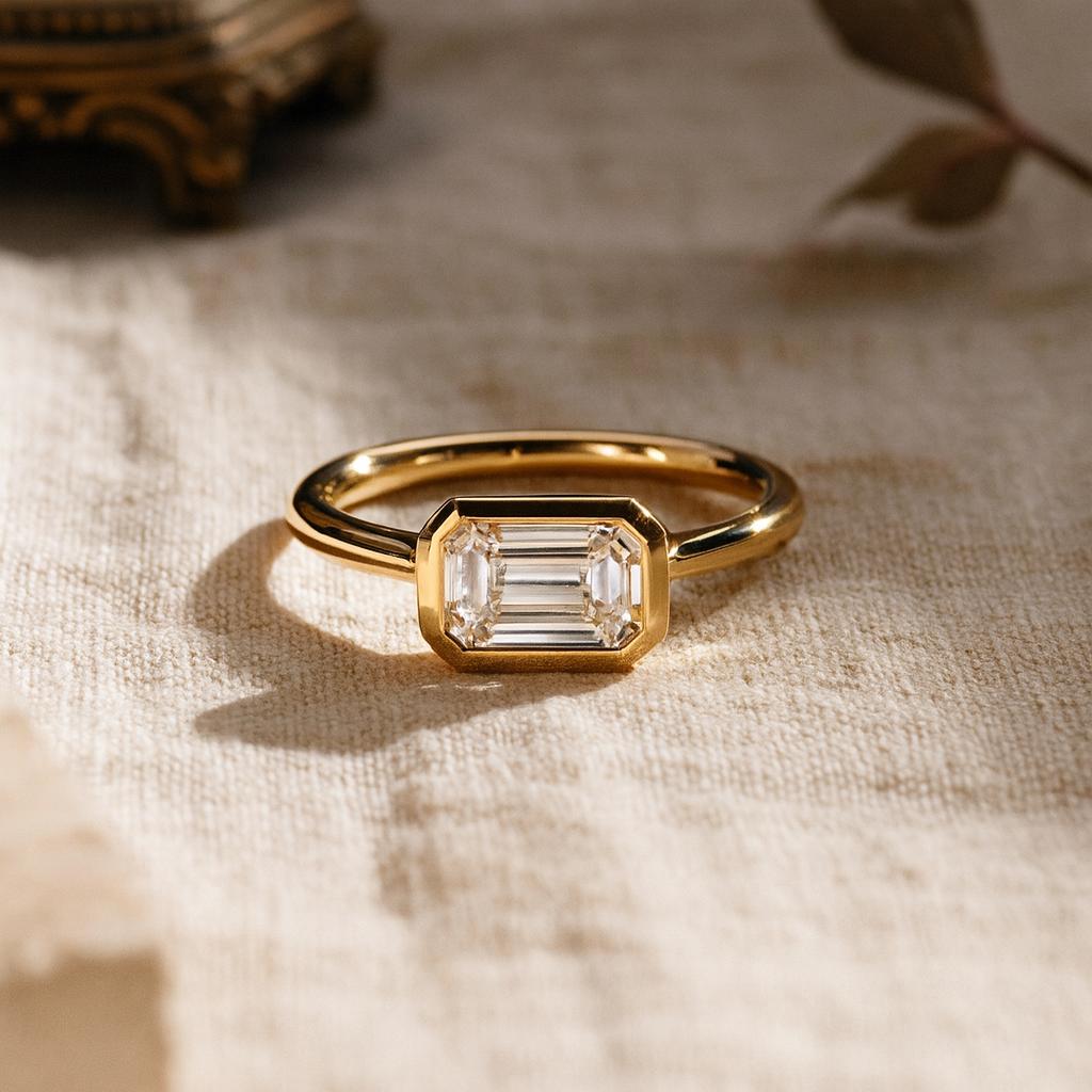 Wedding Engagement Anniversary Promise Gift – Emerald Cut Cubic Zirconia Ring, Yellow Gold Plated Baguette Hidden Halo Diamond Style Jewelry