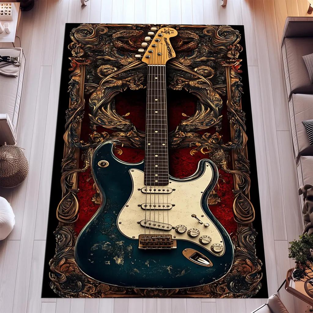 Tappeto con Stampa di Fiori per Chitarra Vintage per Soggiorno Comodino Camera da Letto Tappetino Vintage Ingresso Zerbino Tappeto Tappeto Grande