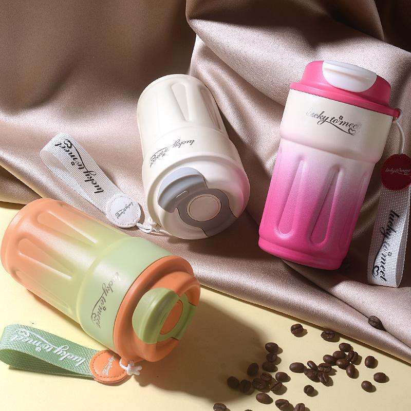 420ml Gradient 316 Stainless Steel Coffee Tumbler, Flip Lid Insulated Travel Mug with Carry Lanyard for Car Office Commute