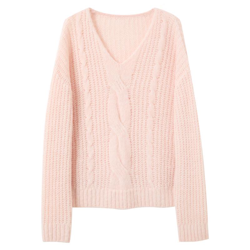Sancai Women's V-Neck Cable Knit Drop Shoulder Sweater