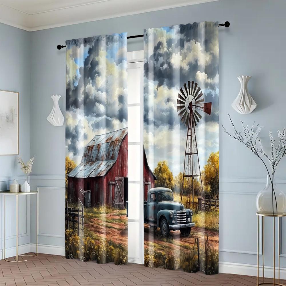 2pcs, Pattern Curtains Farmhouse Windmill Canvas Art with Vintage Trucks Polyester (without Rod) Decorations Inside Use for