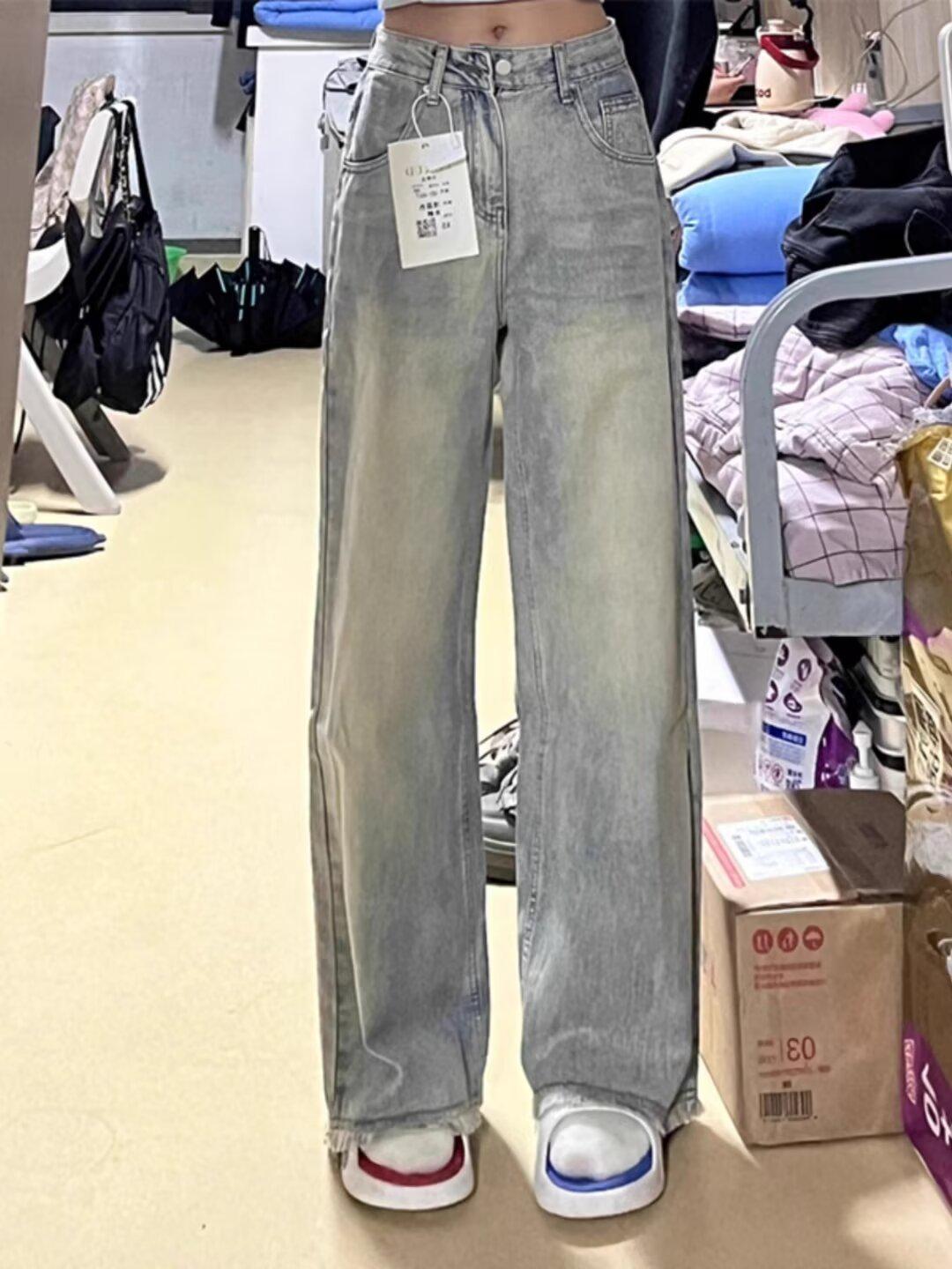 

Потертые джинсы с бахромой для девочек - Осенние свободные брюки широкого кроя для учениц средней и старшей школы L жёлтый