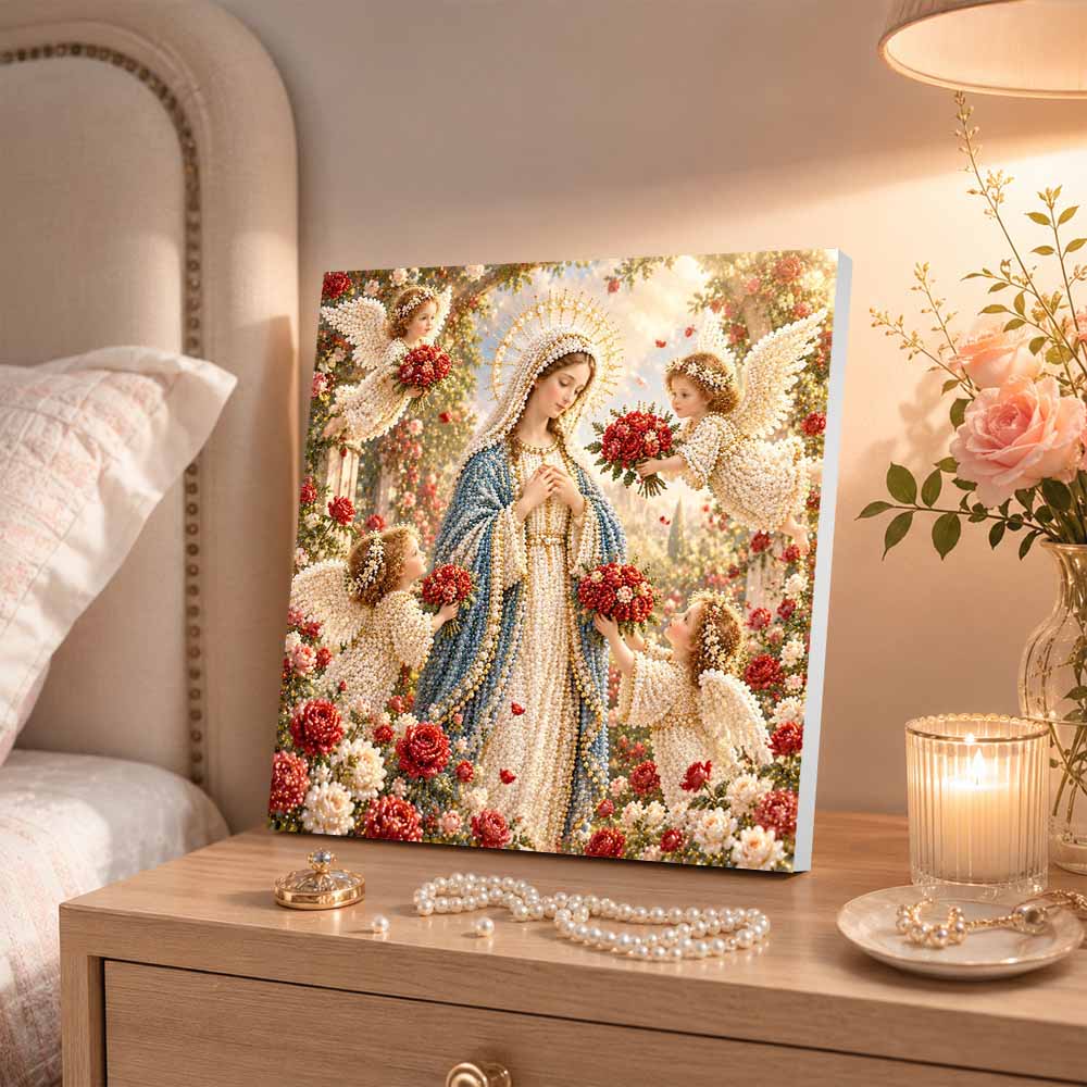 Pearl Painting 5D DIY Decorative Painting. Virgin Mary And Angels With Red Roses. Cute Birthday Gift. Handmade Art Painting