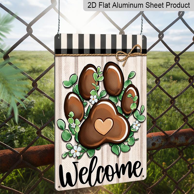 2D Flat Dog Paw Print Welcome Metal Sign, 8×12 Inch Aluminum Wall Art, Rustic Farmhouse Design with Greenery & Plaid, Durable Decor for Pet Lovers