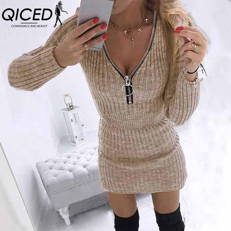 QICED S-5XL Autumn Winter Womens Wrap Skirts Zipper Waist Long Sleeve Knitted Dress Hips