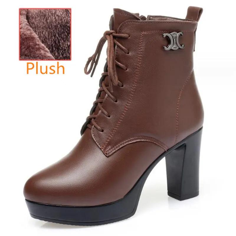 Women Genuine Leather Ankle Boots 2025 Autumn Winter Thick Wool Comfortable Thick High Heels Women Snow Boots Platform Shoes