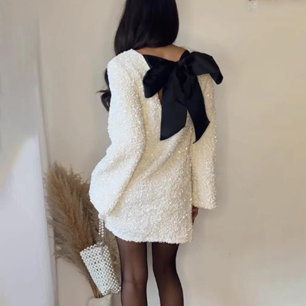 Women's Round Neck Long Sleeve Sparkling Sequin Dress Backless Bow Sexy And Cute Party Dress