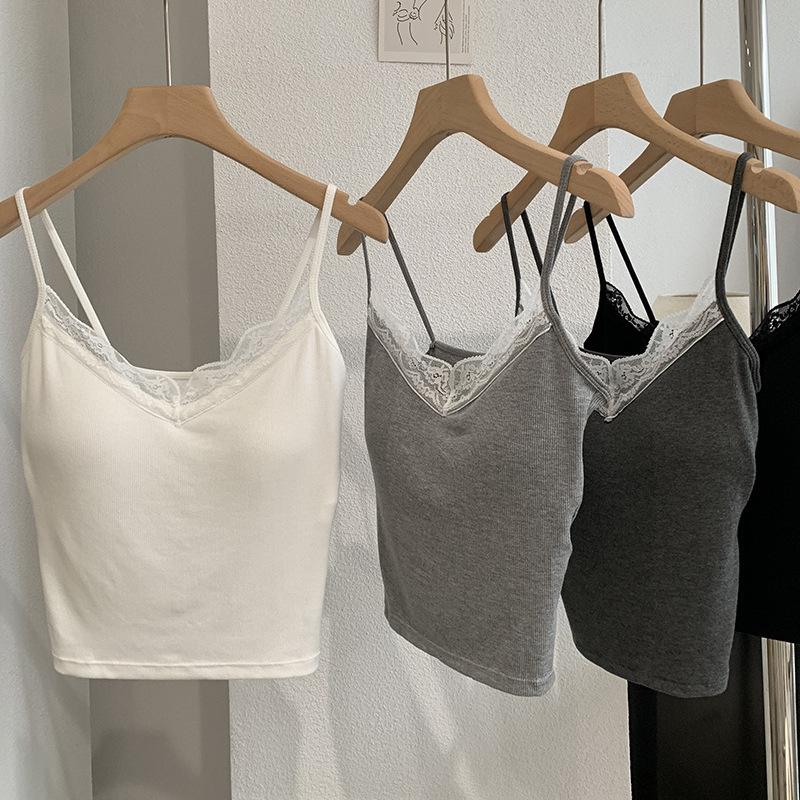 Lace Trim V Neck Spaghetti Strap Cami Top, Built-in Padded Slim Fit Ribbed Knit Cropped Tank Top 3 Colors