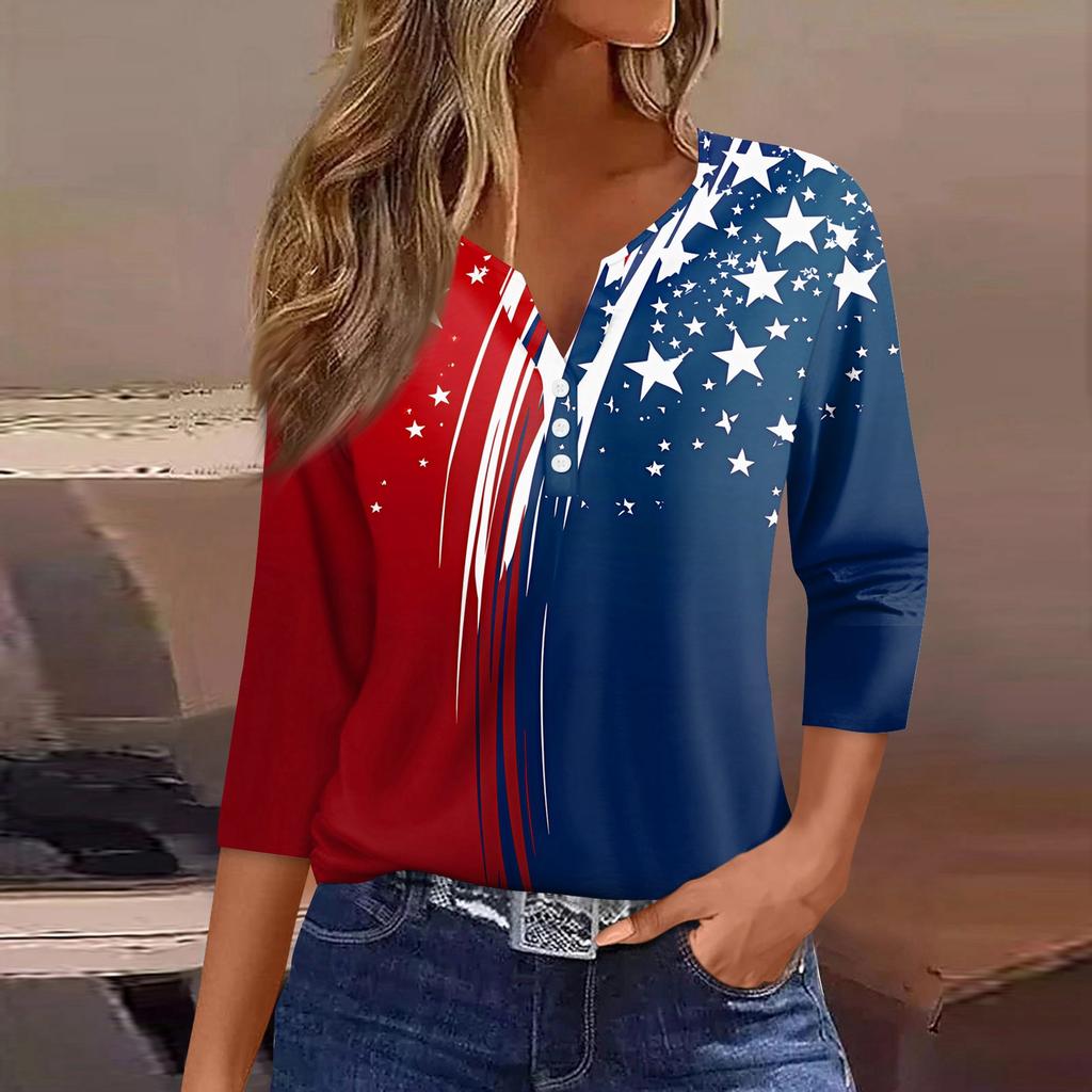 Women's T Shirt Independence Day Print Button 3/4 Sleeve Daily Weekend Fashion Basic V- Neck Regular Top