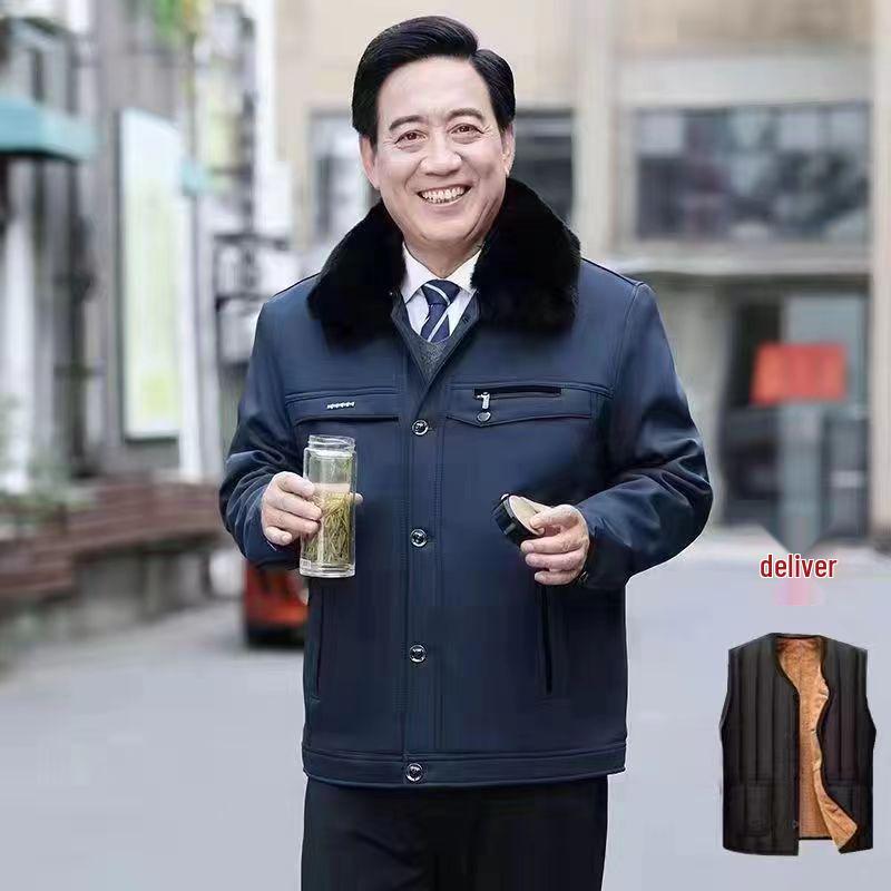 Men's Winter Coat for Seniors - Thickened Cotton Padded Jacket with Buttons for Ages 70-80