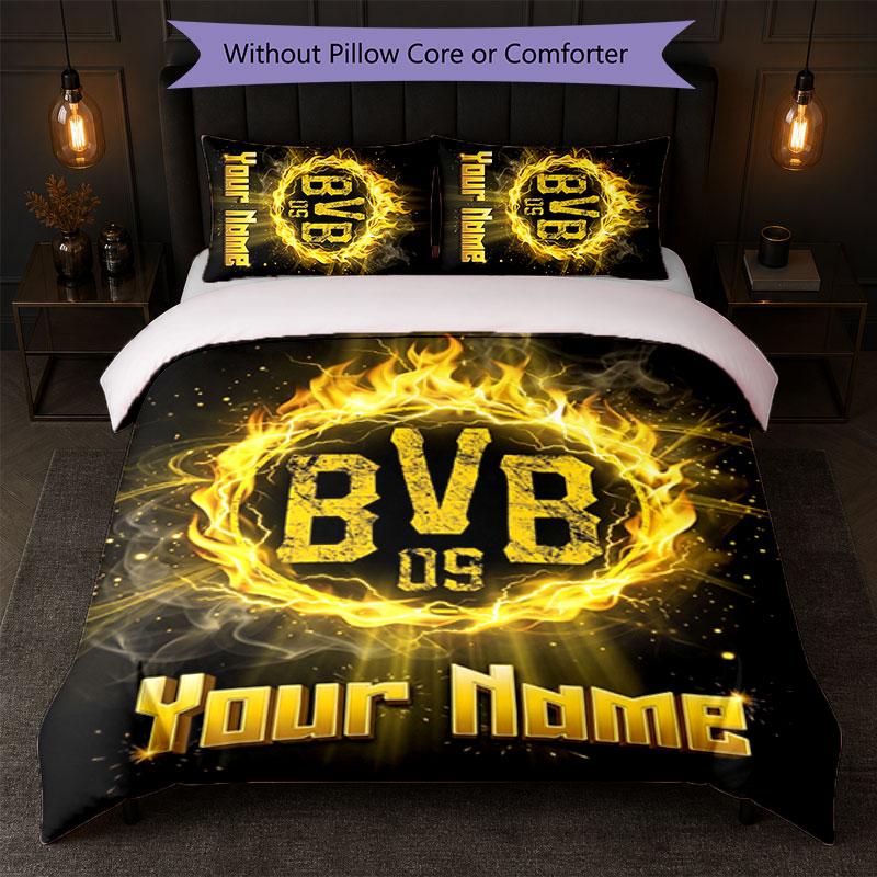 Borussia Dortmund Custom Name Text Bedding Set 1 Duvet Cover+2 Pillowcases Soccer Logo Personalized Gift For Special Occasion Bedroom Decor