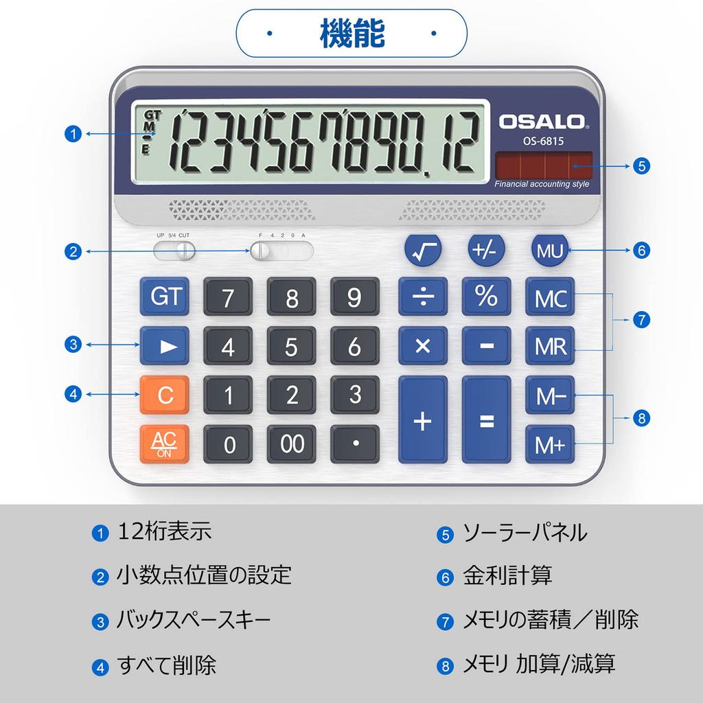 Large LCD Desktop 12 Large Large Stylish Calculator Calculator, Extra-Large 5-inch Calculator, Digits, Characters, Buttons, Solar-Powered (OS-6815)