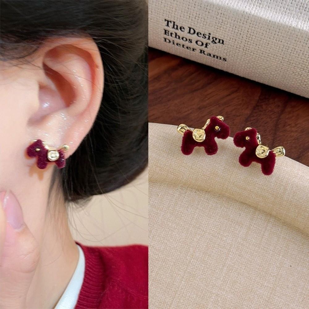 Cartoon Chinese Horse Stud Earrings Velvet Pony Zodiac Horse Pony Earrings  New Year Gift