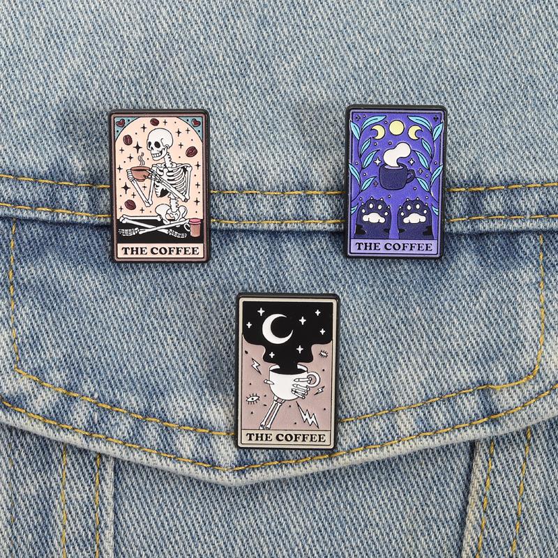 The Coffee Tarot Card UV Printing Pins Skeleton Cat Paw Moon Phase Brooches Badges Punk Jewelry Gift for Friends