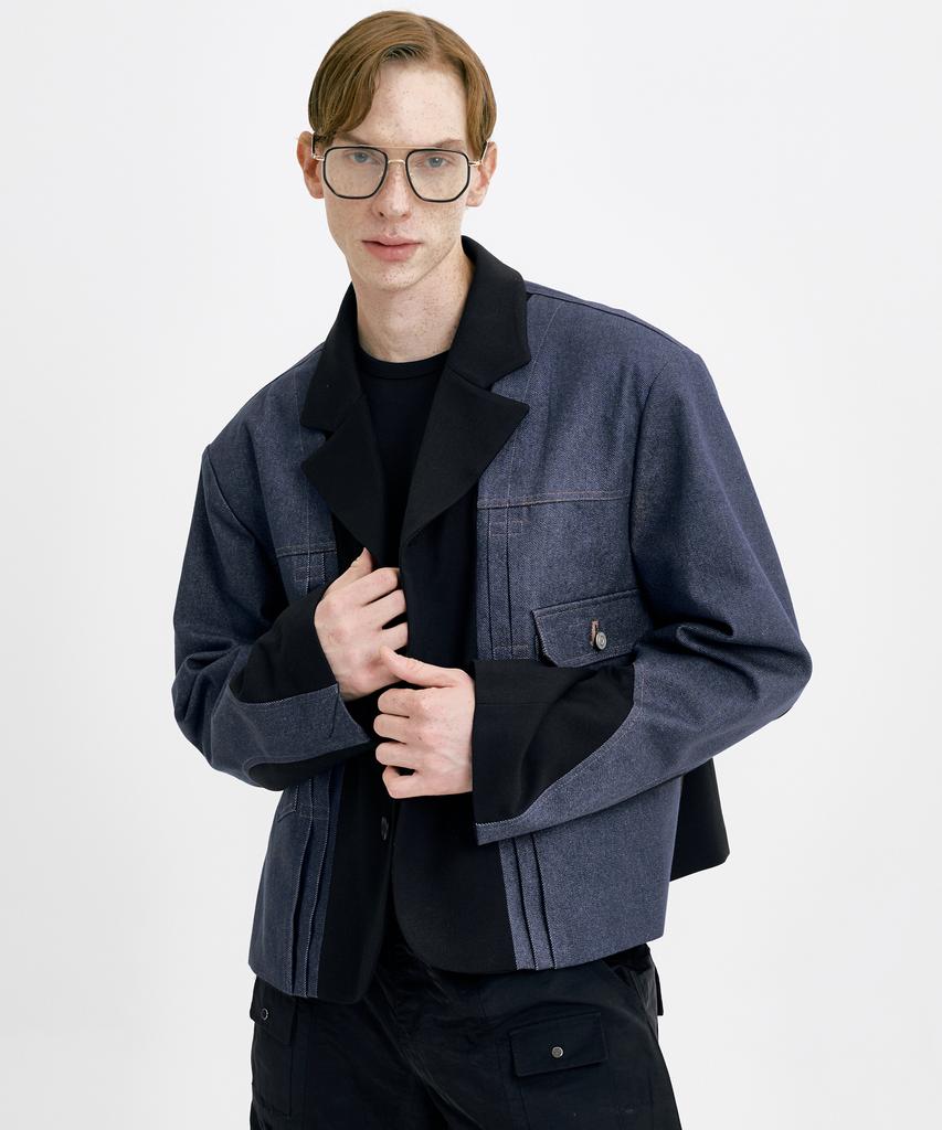WUNDER GEIST Non-Faded Denim Contrast 3-Button Oversized Cropped Blazer