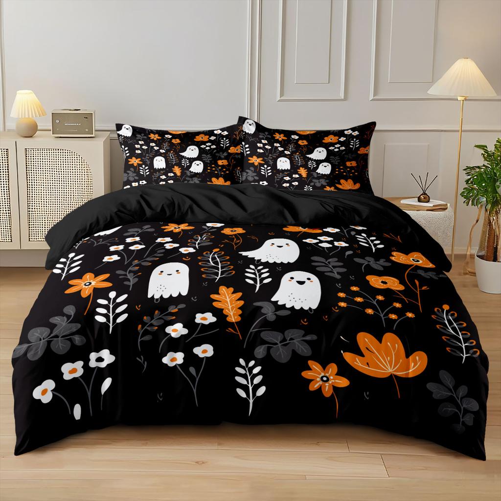 3pcs Halloween Cute Ghost Flower Print Coreless Quilt Set Multi Size Bedrooms Dormitory Soft and Comfortable Machine Washable