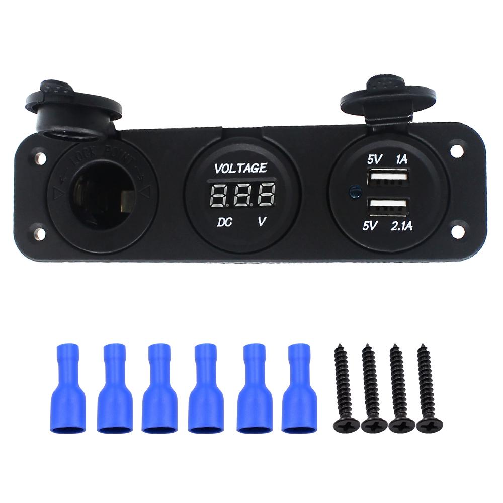 

Двойное зарядное устройство USB + светодиодный вольтметр + розетка 12 В / 24 В 3 в 1 многофункциональная панель с тремя отверстиями для грузовика, прицепа, лодки, кемпера, автодома 15*4.3*5.3cm чёрный