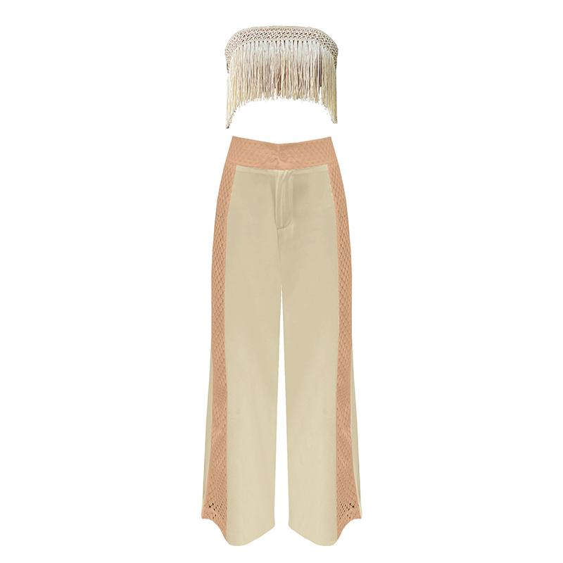 Solid Color Tassel Tube Top Strap Two-piece Sexy Beach Seaside Vacation Ladies Suit 2025 High Waist Wide Leg Pants & Short Tube Top