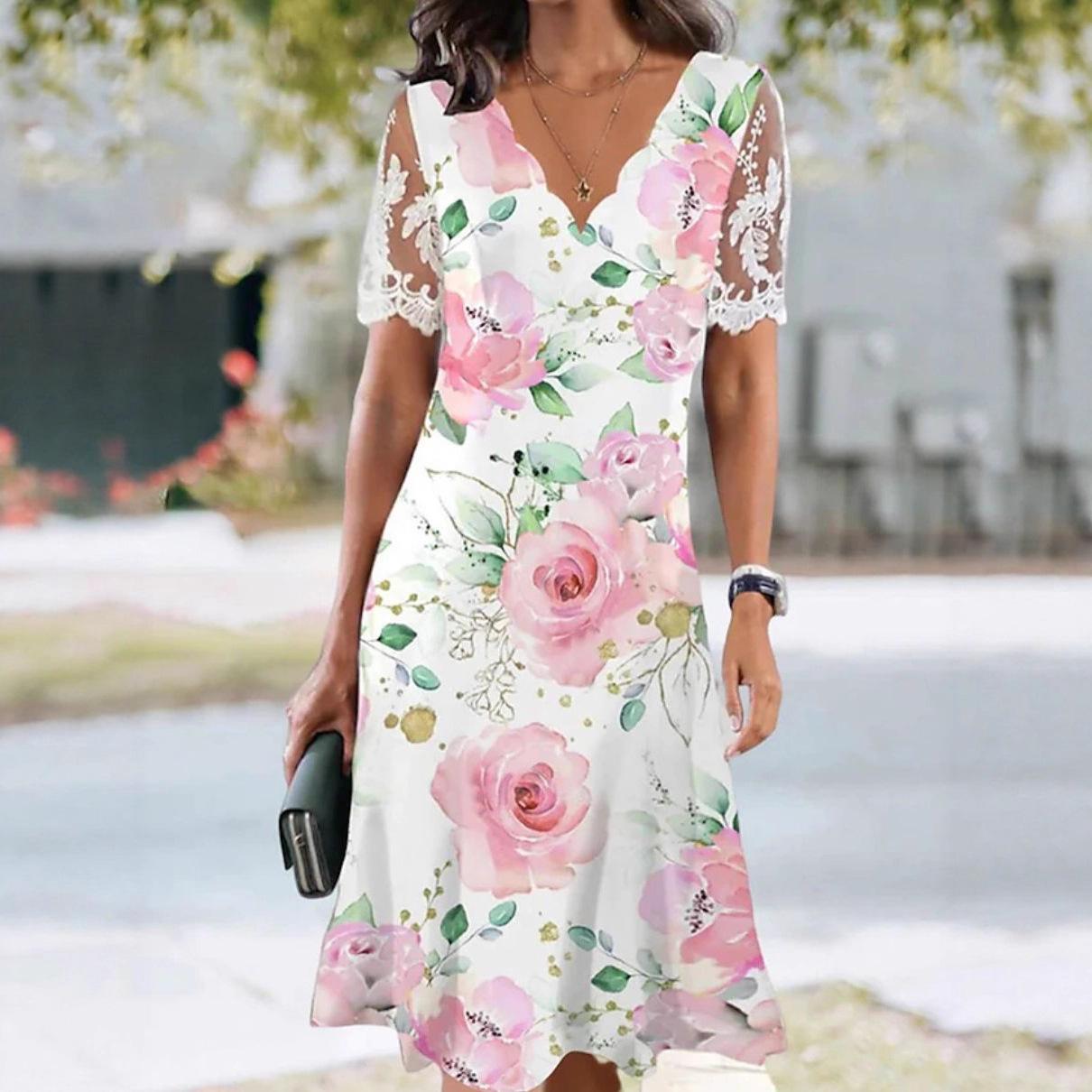 

Летнее платье с V-образным вырезом, кружевной отделкой, принтом розовых и фиолетовых цветов и зеленых листьев XXXL