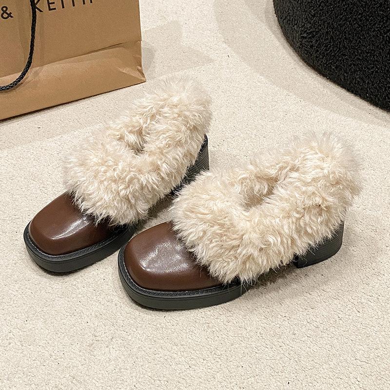 

Square head Mao Mao warm thick heel loafers 2025 autumn and winter French Mary Jane medium heel small leather shoes women 35