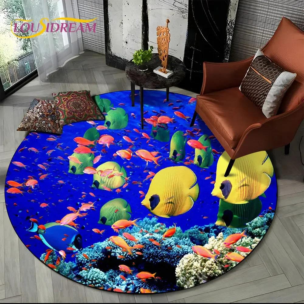Unterwasserwelt Runder Bereichsteppich–Delfin & Schildkröte Ozean Teppich für Wohnzimmer oder Schlafzimmer–Rutschfeste Bodenmatte, Kinder Spielzimmer Deko