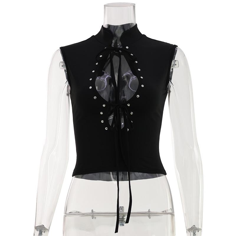 European and American summer new fashion stand-up collar metal button decoration hollow strap waist top wholesale