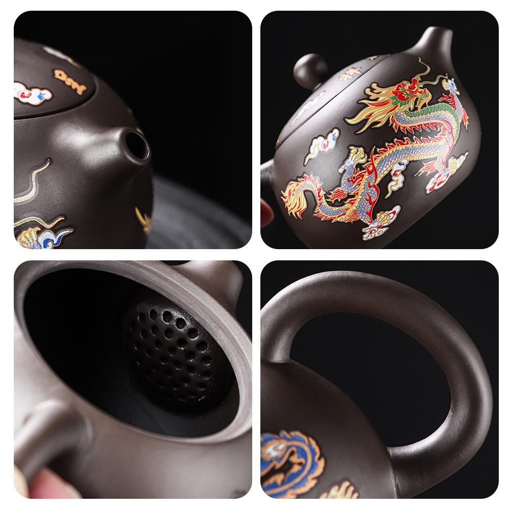 Ručně vyráběná konvice na čaj s draci a fénixy, měnící barvu fialové hliněné konvice, snadno čistitelná konvice Gongfu, dárek pro milovníky čaje, sada čajových šálků