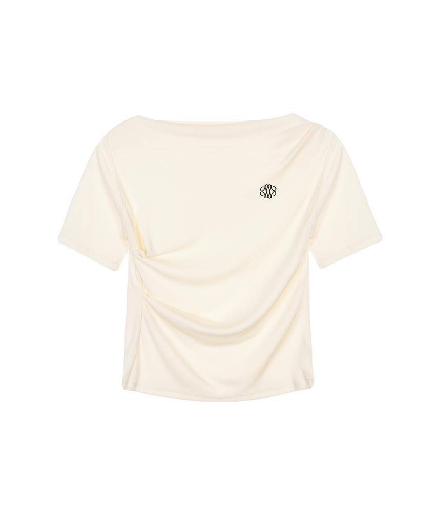 Nigaennikol Half Shirring Drape Boat Neck Top_Cream