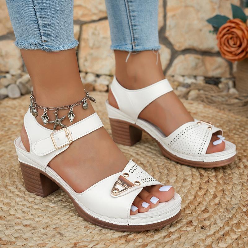 Fashion White Thick High Heels Sandals for Women Summer Lightweight Ankle Buckle Sandles Woman Plus Size Non Slip Beach Sandalias Mujer