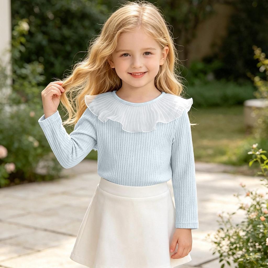 Girls' Knit Long Sleeve Layering Top with Doll Collar and Ruffle Trim, Color