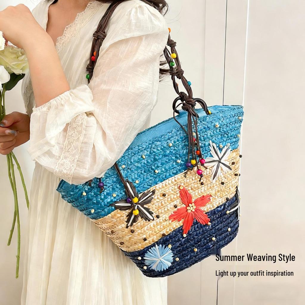 Women's Large Capacity Summer Woven Straw Beach Bag with Starfish Decoration