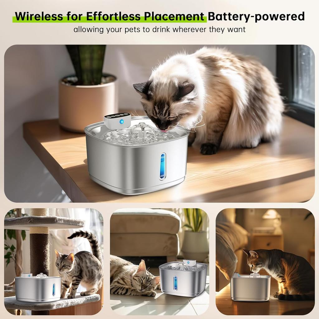 Wireless Cat Water Fountain Battery Operated, 108oz/3.2L Stainless Steel Automatic Pet Water Fountain for Cats & Dogs with Motion Sensor, Ultra Quiet