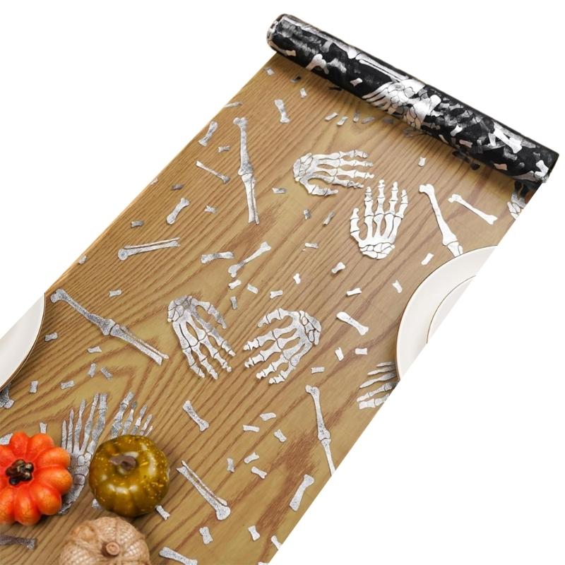 Halloween Skeleton Print Table Runner Shimmering Decoration Wrinkle Resistant Mesh Tablecloth for Dinner Party Setups