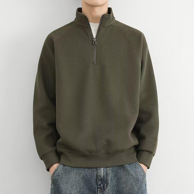 Men's Retro Fleece-Lined Half-Zip Stand Collar Jacket | Solid Color Casual Sweatshirt for Spring, Autumn, Winter