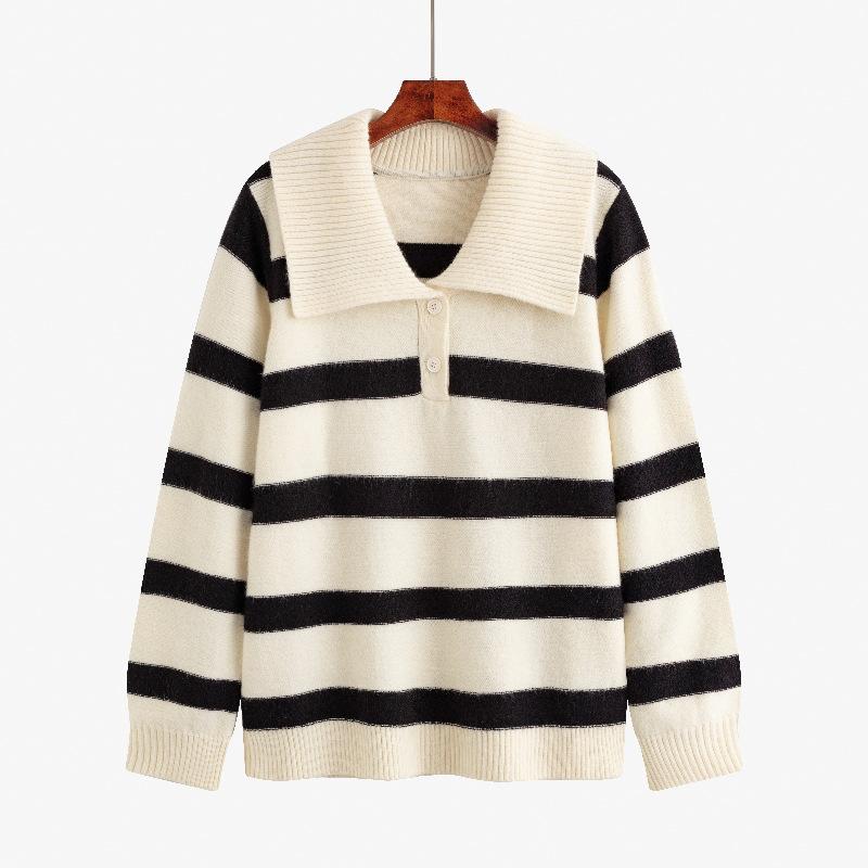 Women's Plus Size Lapel Long Sleeve Striped Shirt Autumn and Winter Loose Knitwear