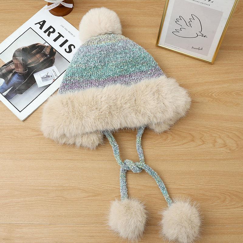 Ear Protection Knitted Thermal Hat Women's Autumn and Winter Piled Thickened Hairball Wool Colorful Hat