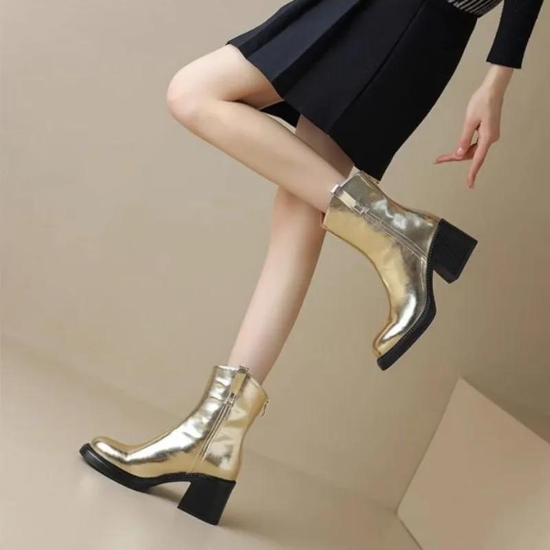 Booties Heeled Fur Combat Women's Ankle Boots Punk Style Very High Heels Patent Leather Female Short Shoes Boot Footwear New In