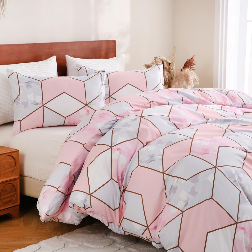 Comforter Pink Marble Queen Geometric Cube Comforter For Boys Girls Luxury Abstract Geometry Marble Texture Bedding Set