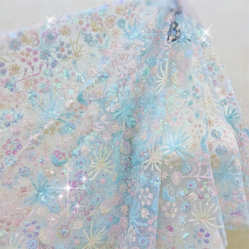 1/2/3yards Sequin Embroidered Lace Fabric Colorful Branches Butterfly Blue Snowflake Sequin Heavy Embroidery Tulle Fabric