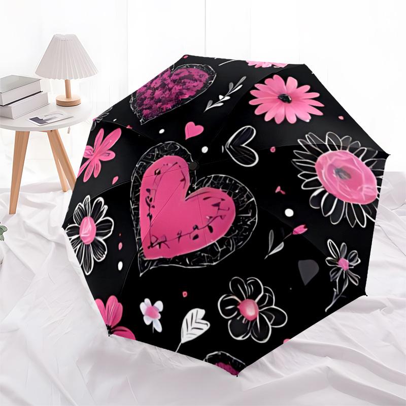 1pc Heart Flowers Pattern Automatic Umbrella Portable Home Essential Umbrella, Iron Umbrella Structure Suitable for All Seasons Yy251123117