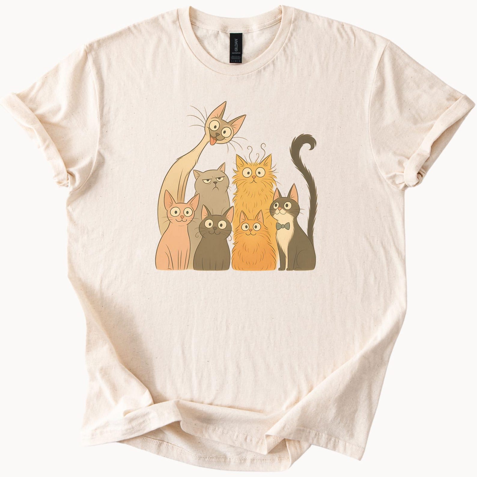 Cute Cartoon Cat Family Graphic T Shirt Funny Whimsical Kitty Illustration Tee Cat Lover Gift Unique Feline Drawing Shirt for Men 120