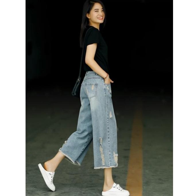 Retro Distressed Ripped Jeans for Women In Summer, Thin, High Waisted, Loose, Wide Leg Pants for Women, Short and Casual Cropped Pants