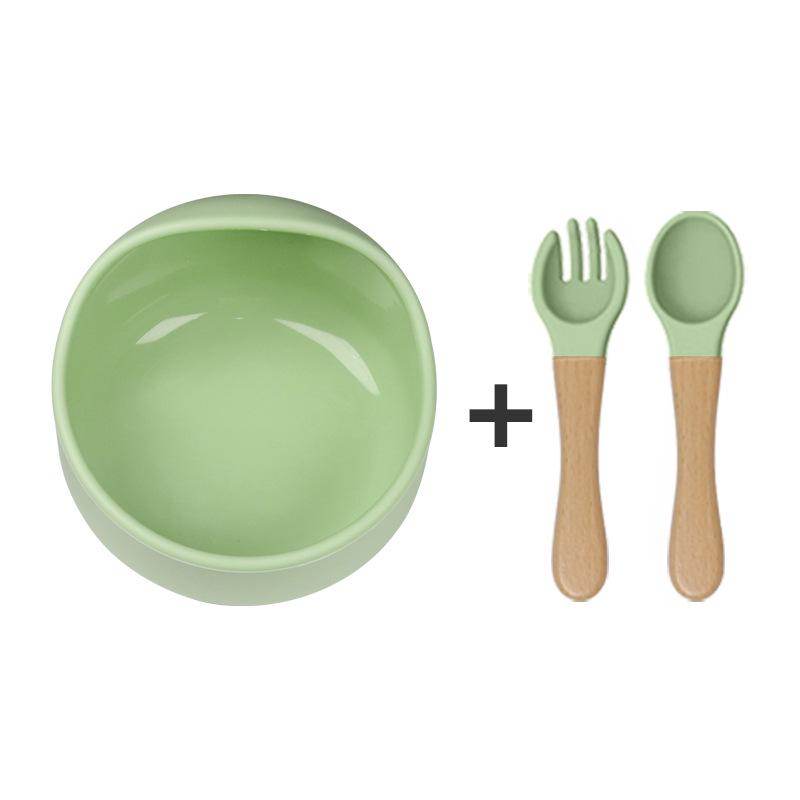Silikon Saugbecher Baby Fütterset: Schneckenschale, Löffel & Gabel mit Holzgriffen, Leicht zu reinigen.