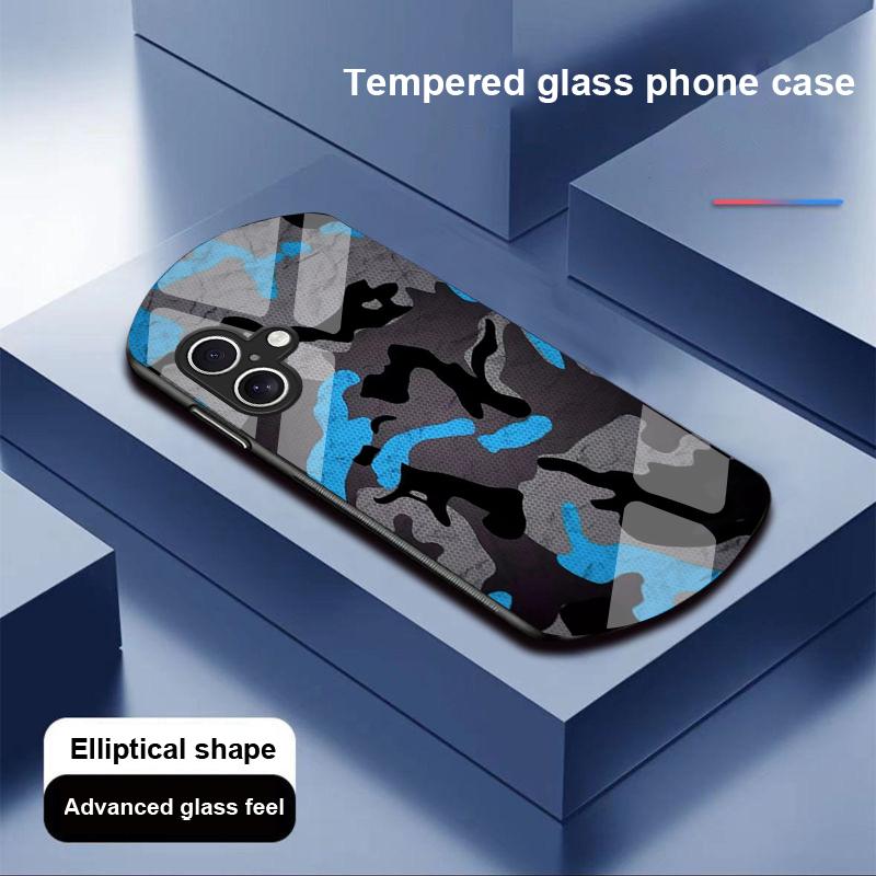 Camouflage Blue For Apple IPhone 16 11 13 15 14 Pro Max 12 Mini 7 8 Plus XR X XS Elliptical Shaped Tempered Glass Phone Case