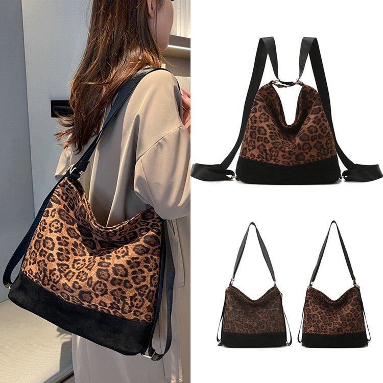 Schoolbag Leopard print backpack Women's large capacity shoulder commuter bag Niche versatile casual messenger student travel tote bag