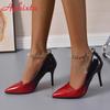 Fashion Aphixta 2024 10cm Stiletto Heels Gradient Transparent Bead Chain Pumps Women Shoes Patent Leather Ankle Strap Super Big 50