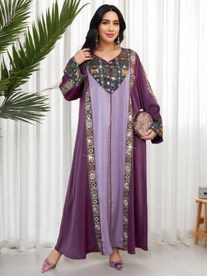 Elegantní Dlouhé Vyšívané Šaty-Roucha Pro Ženy Větších Velikostí Dubaj S Kamínky Skladem