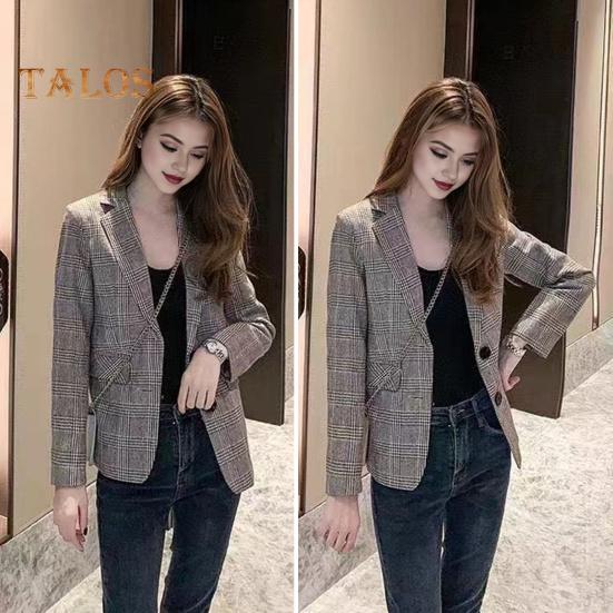 Damen Frühling Herbst Anzug Mantel Revers Langarm Einreiher Anzugjacke Plaid Print Klappentaschen Business Outwear